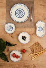 Hermia N25009 Juego de Desayuno de Porcelana Azul y Blanco 26 Piezas Apto Lavavajillas Microondas